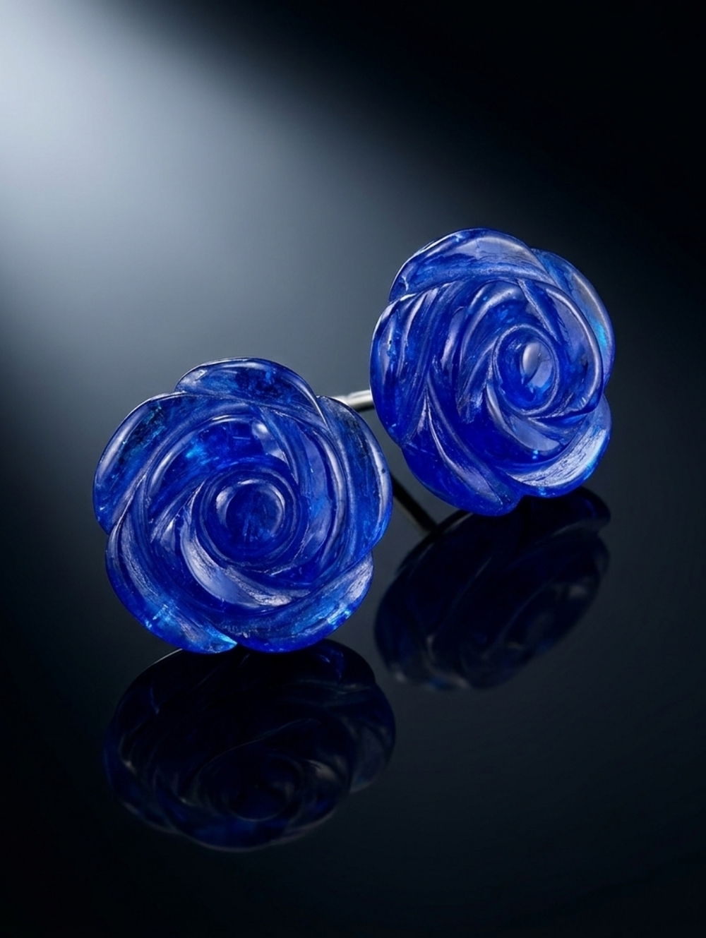 Blue Jade Carved Rose Sterling Silver Stud Earrings 23.50 CTS